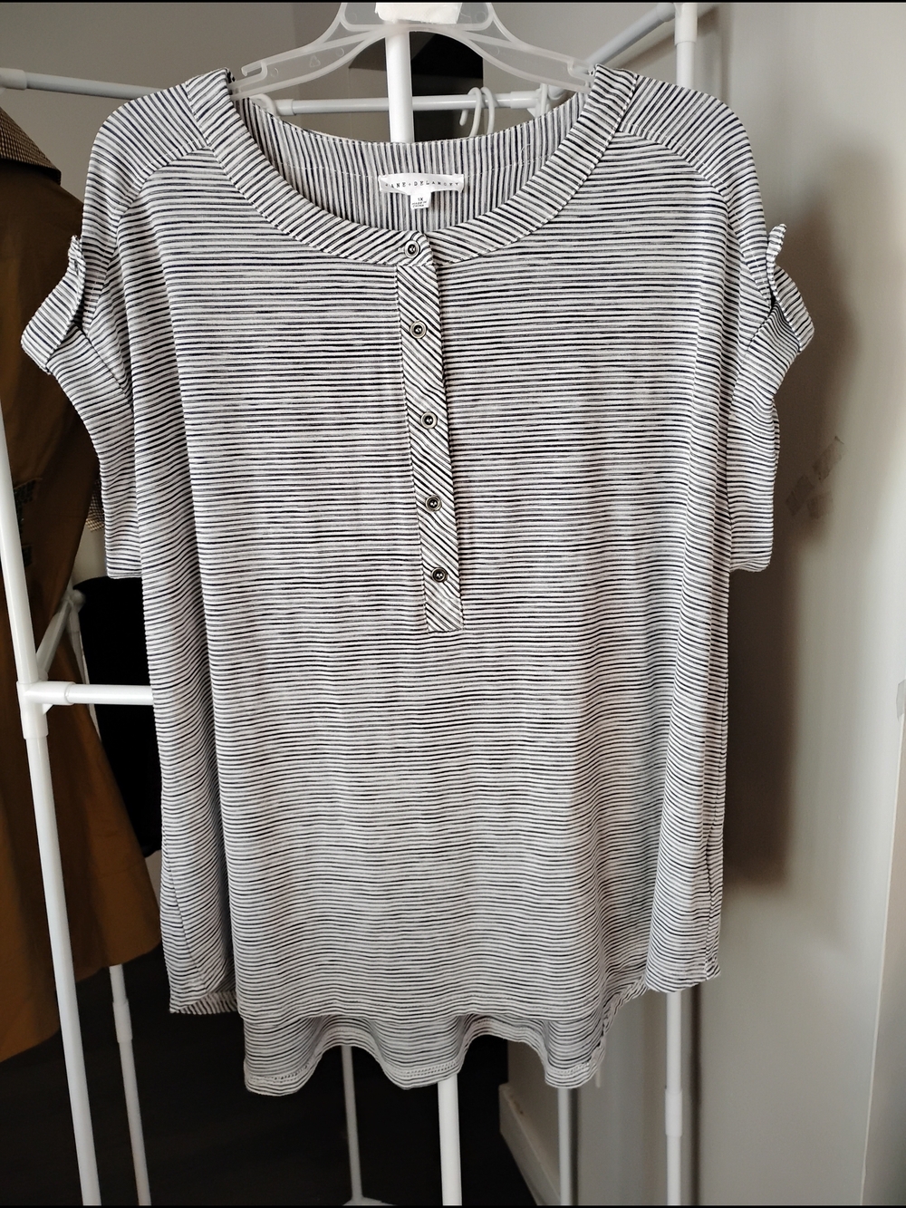 Jane and Delancey Women's Black & White Striped Off Shoulder Sleeves Henley Tee